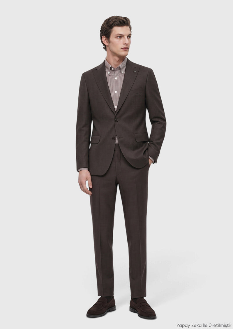Kahverengi Desenli Zeroweight Slim Fit %100 Yün Takım Elbise