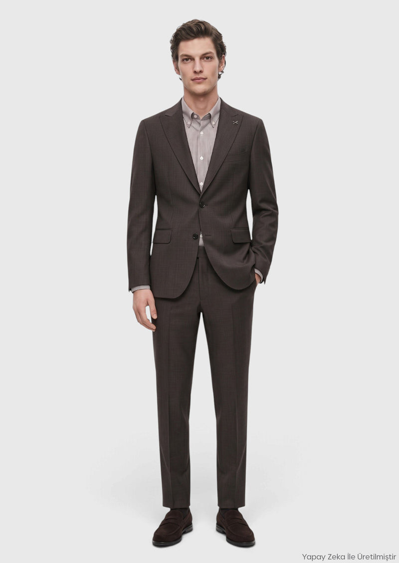 Kahverengi Desenli Zeroweight Slim Fit %100 Yün Takım Elbise