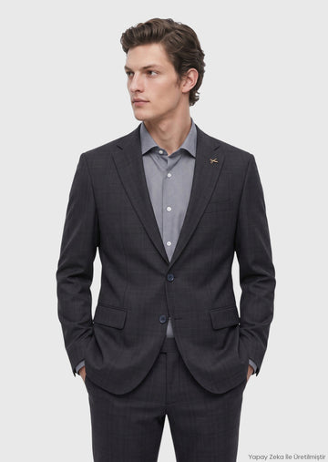 Dark Navyblue Patterned Modern Fit Wool Blended Suit