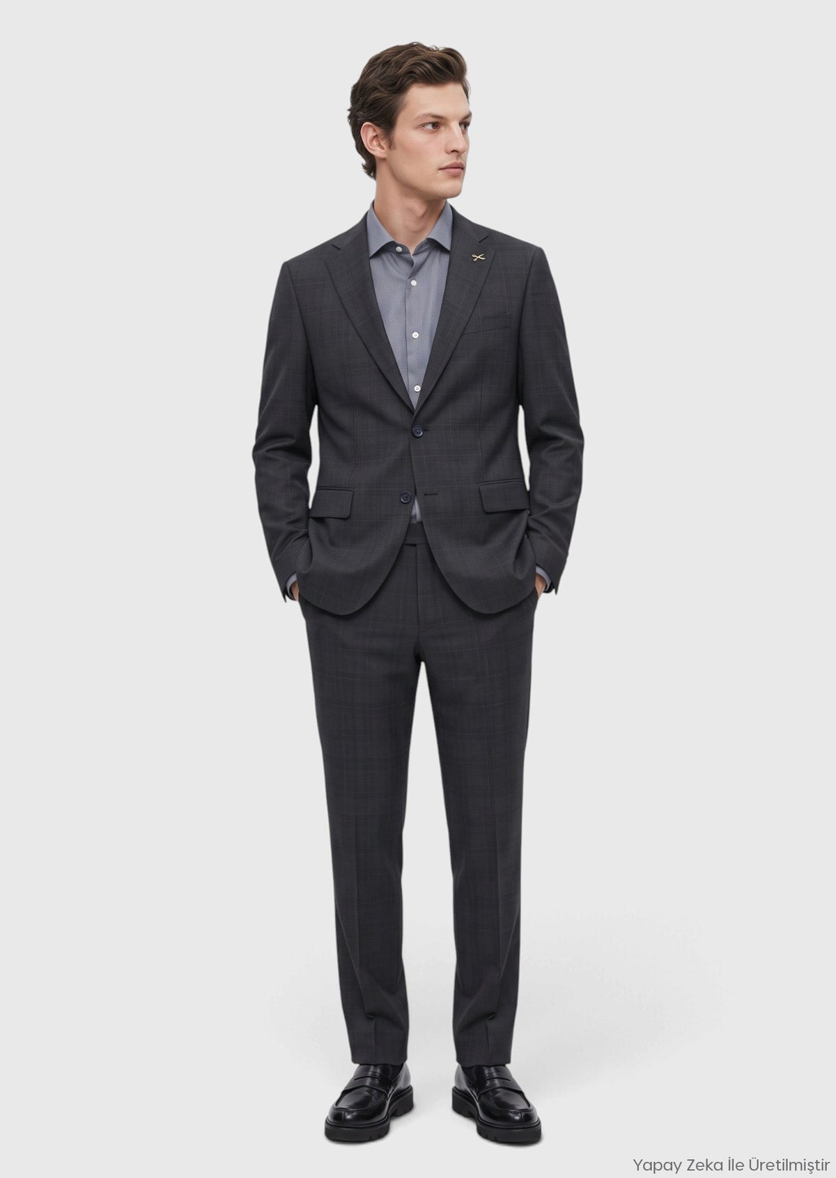Koyu Lacivert Desenli Modern Fit Yün Karışımlı Takım Elbise