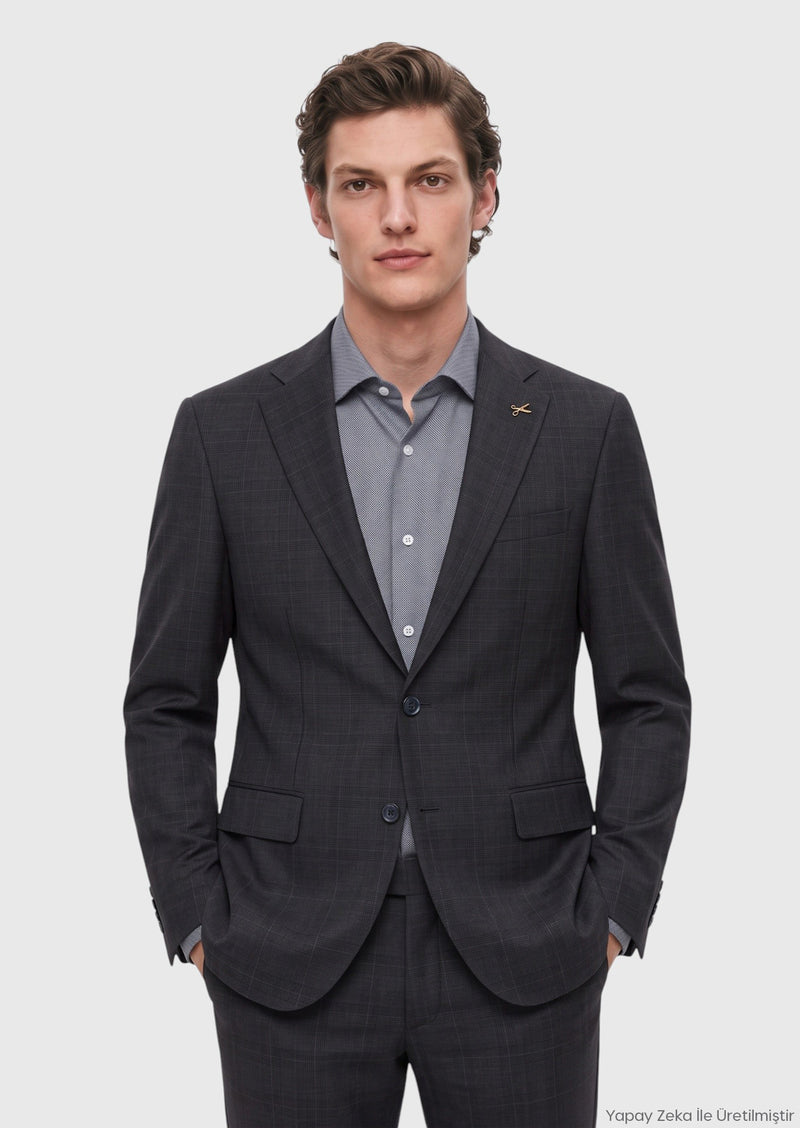 Koyu Lacivert Desenli Modern Fit Yün Karışımlı Takım Elbise