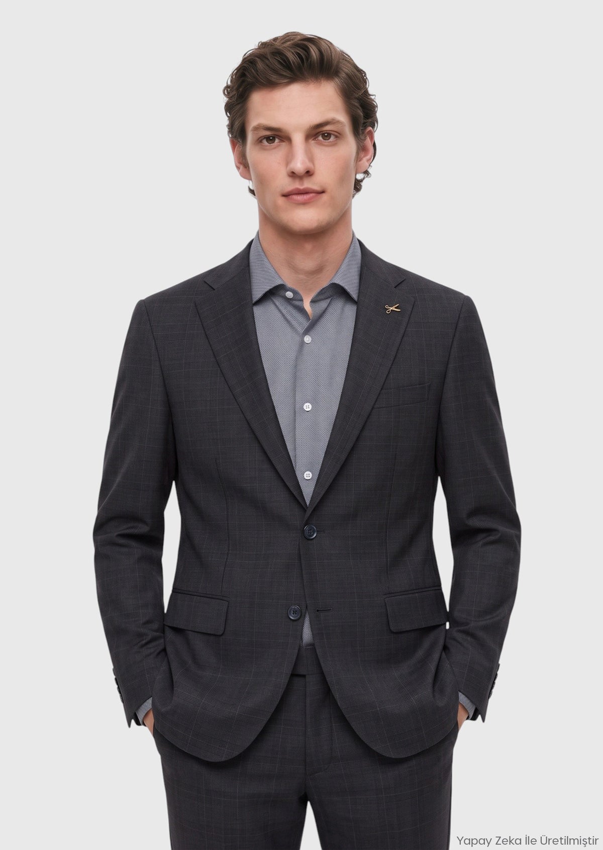Koyu Lacivert Desenli Modern Fit Yün Karışımlı Takım Elbise