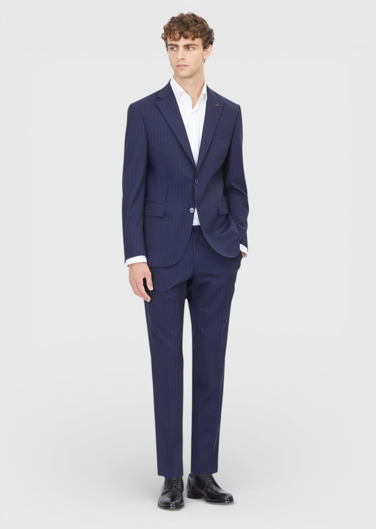 Lacivert Çizgili Modern Fit Yün Karışımlı Takım Elbise