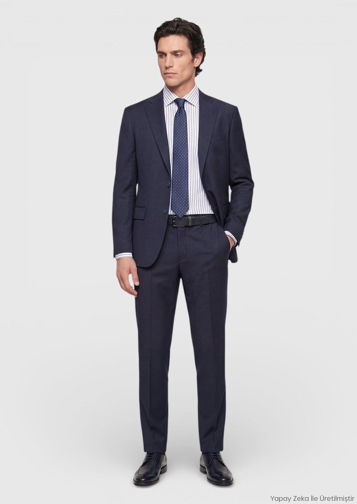 İndigo Çizgili Modern Fit Yün Karışımlı Takım Elbise