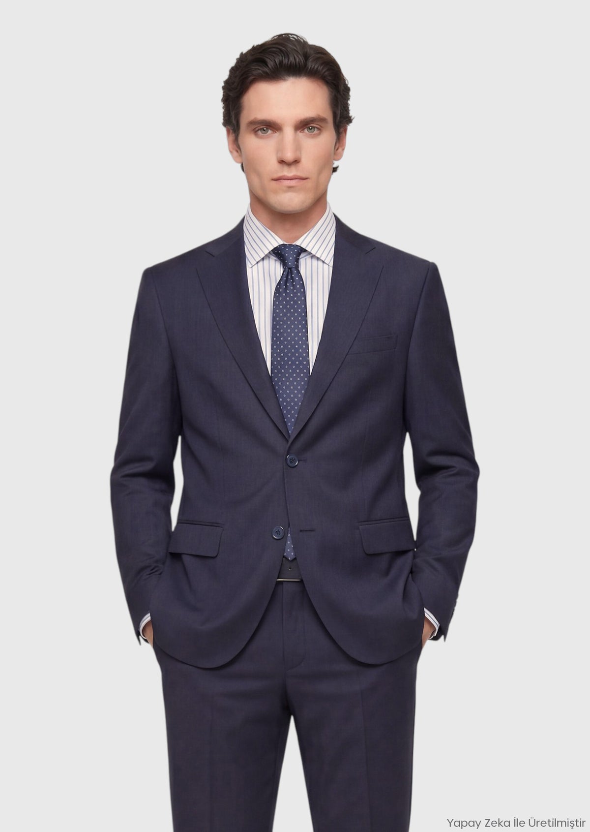 İndigo Çizgili Modern Fit Yün Karışımlı Takım Elbise