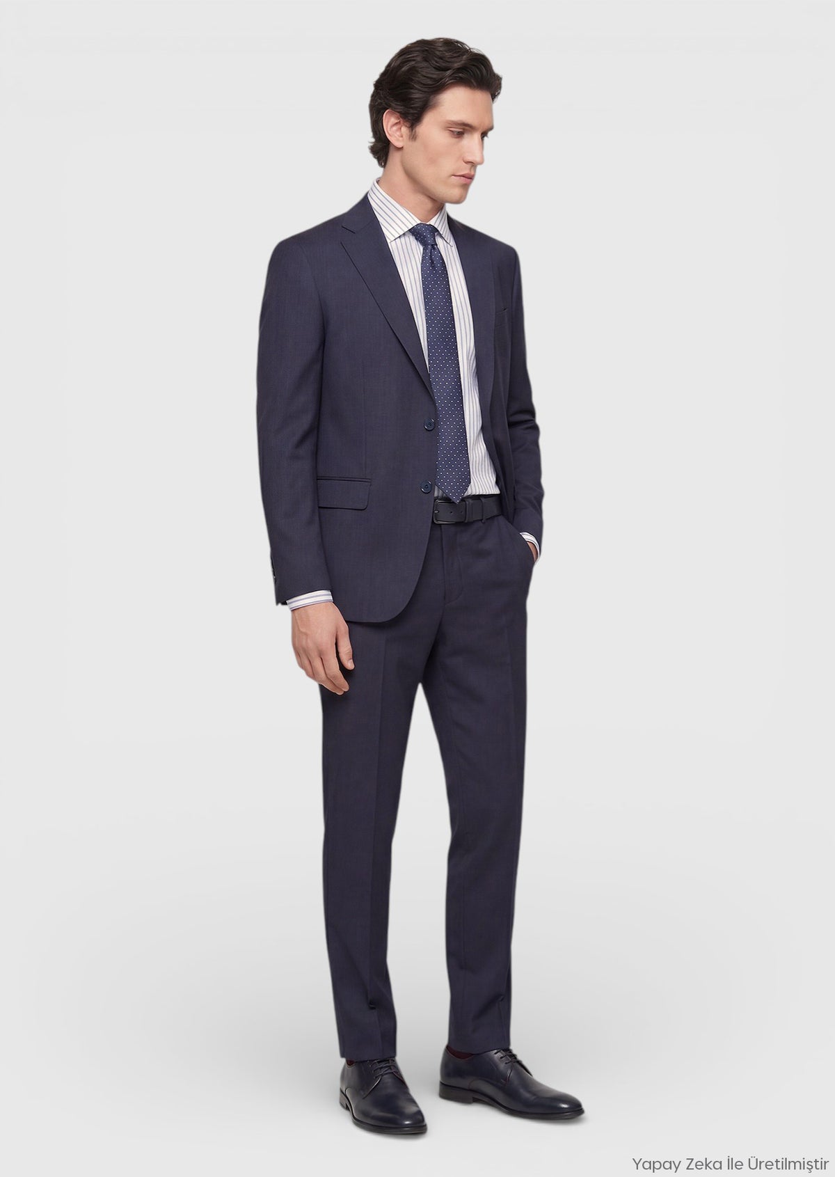 İndigo Çizgili Modern Fit Yün Karışımlı Takım Elbise