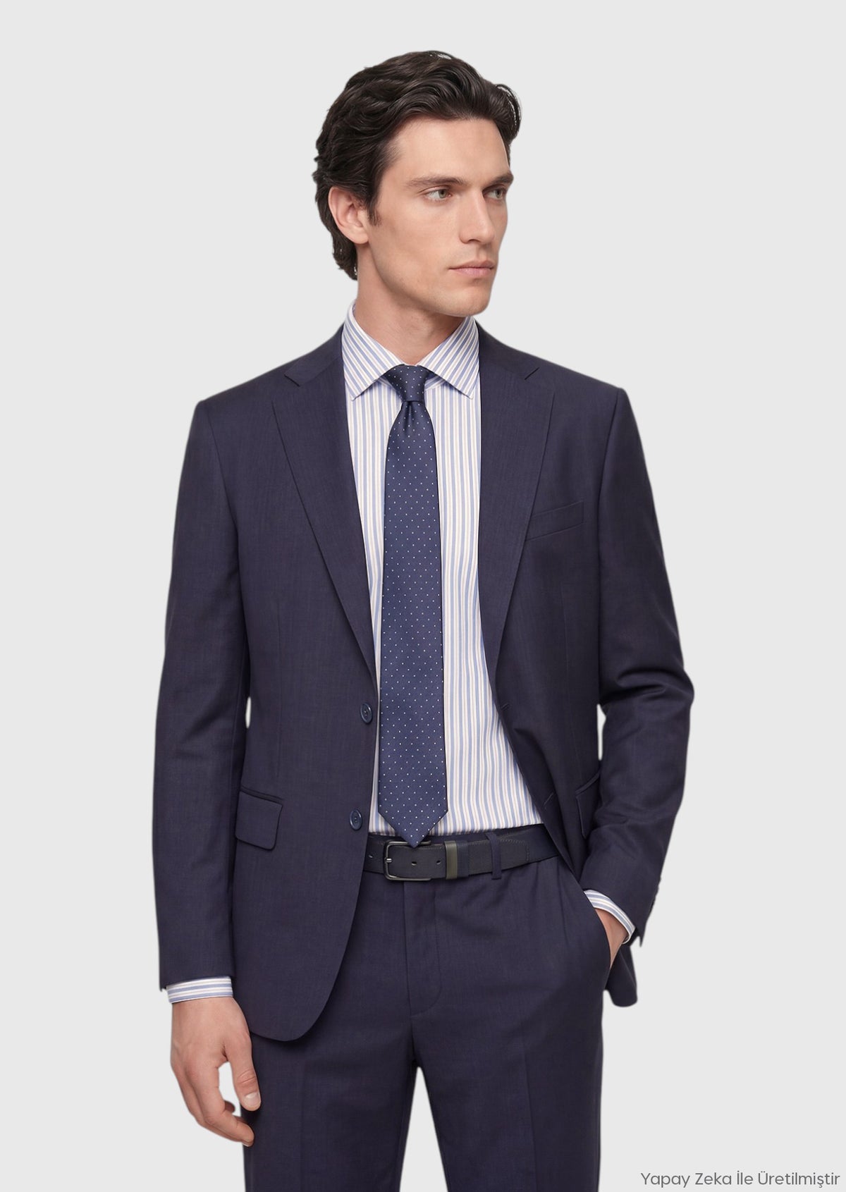 İndigo Çizgili Modern Fit Yün Karışımlı Takım Elbise