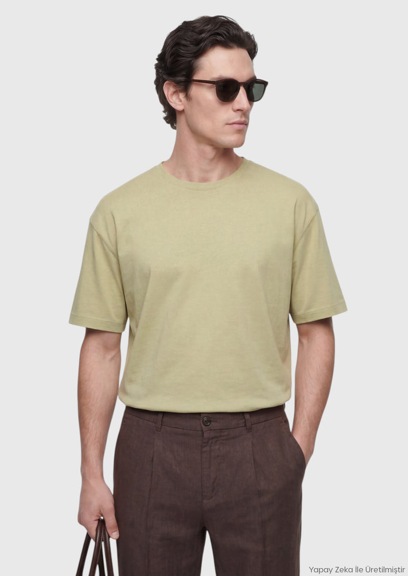 Yağ Yeşili Düz Pamuk Karışımlı T-Shirt