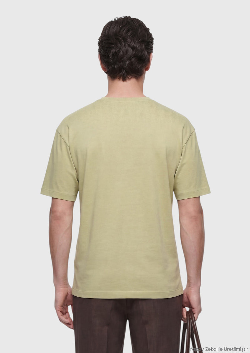 Yağ Yeşili Düz Pamuk Karışımlı T-Shirt