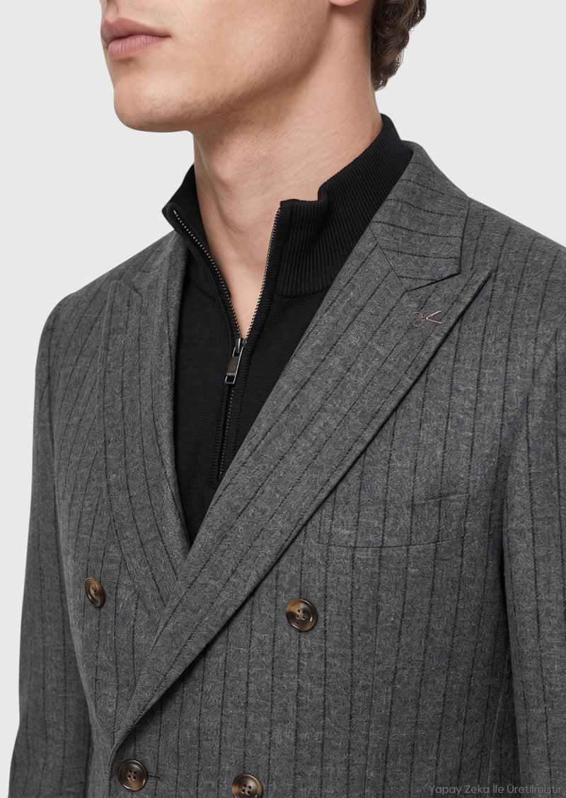 Koyu Gri Çizgili Zeroweight Slim Fit İpek Karışımlı Takım Elbise