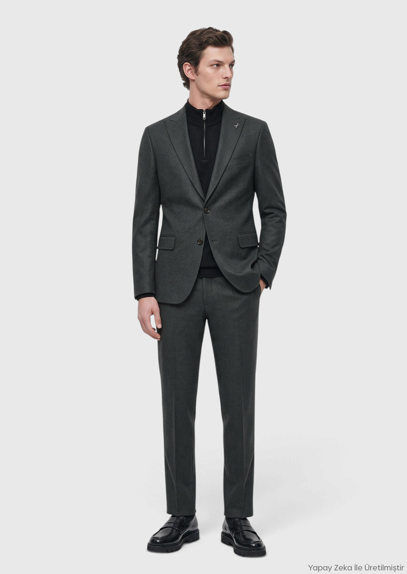 Haki Kareli Zeroweight Slim Fit Yün Karışımlı Takım Elbise