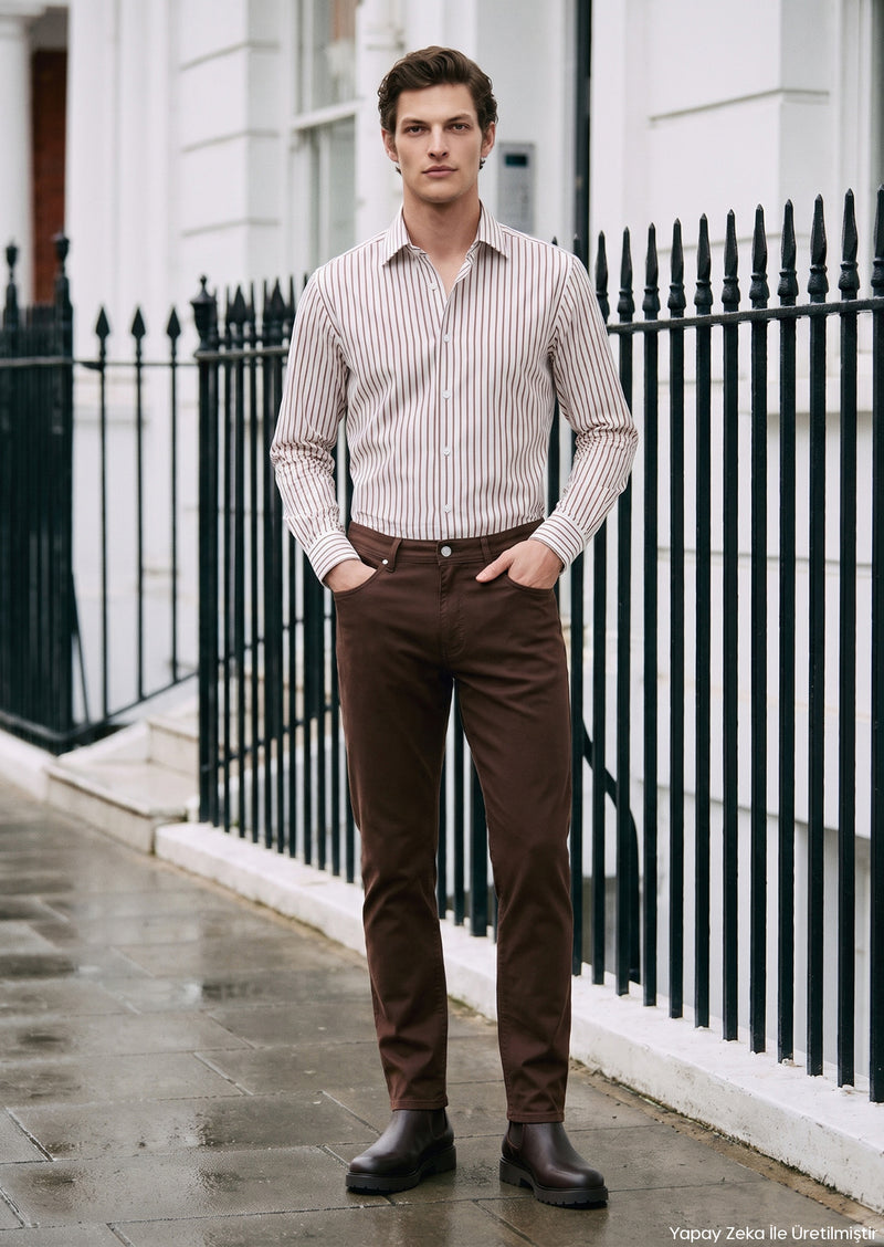 Kahverengi Düz Dokuma Regular Fit Casual Yün Karışımlı Pantolon