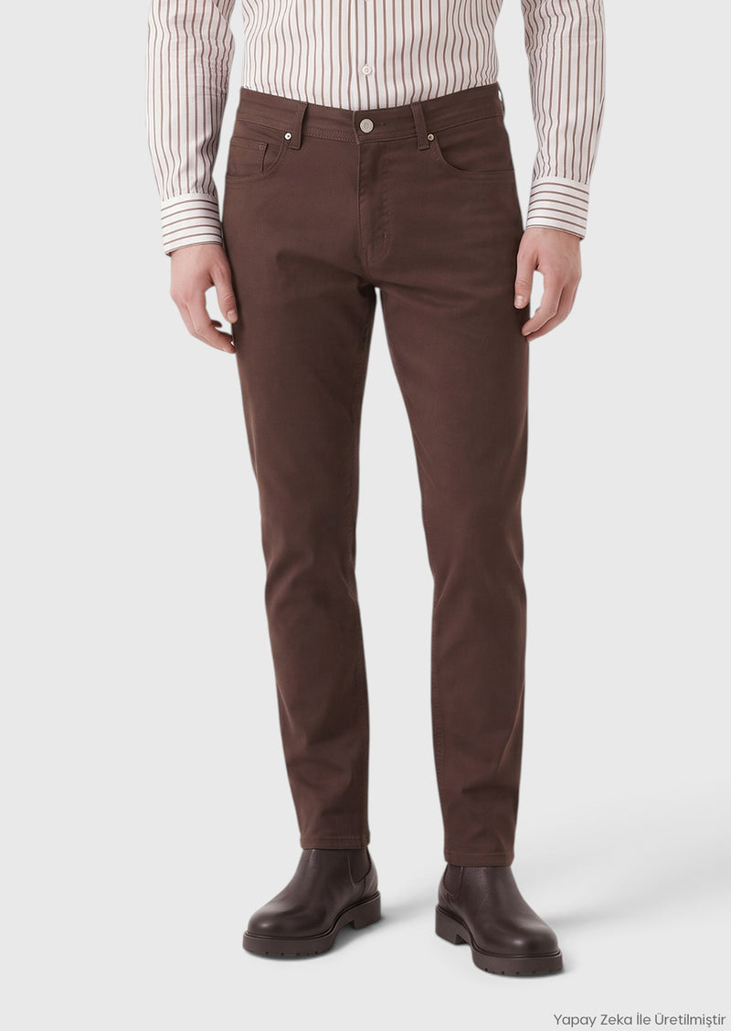 Kahverengi Düz Dokuma Regular Fit Casual Yün Karışımlı Pantolon