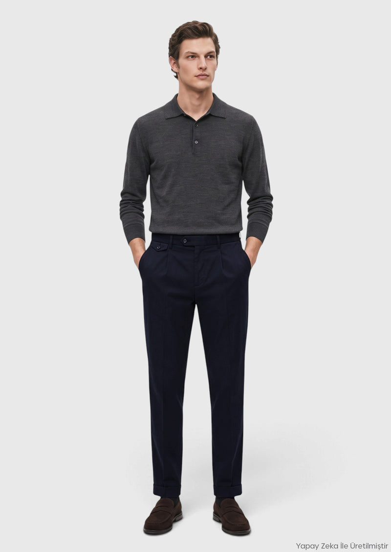 Lacivert Düz Dokuma Relaxed Fit Casual Pamuk Karışımlı Pantolon