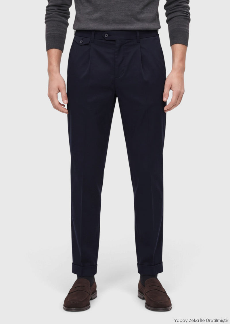 Lacivert Düz Dokuma Relaxed Fit Casual Pamuk Karışımlı Pantolon