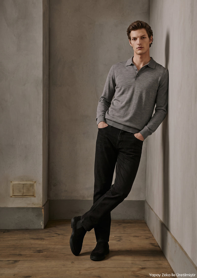 Siyah Düz Slim Fit Denim Pamuk Karışımlı Pantolon