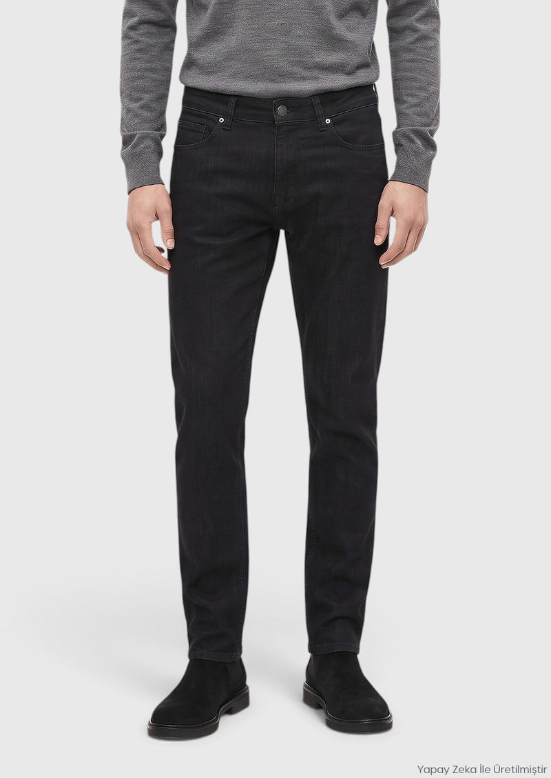 Siyah Düz Slim Fit Denim Pamuk Karışımlı Pantolon