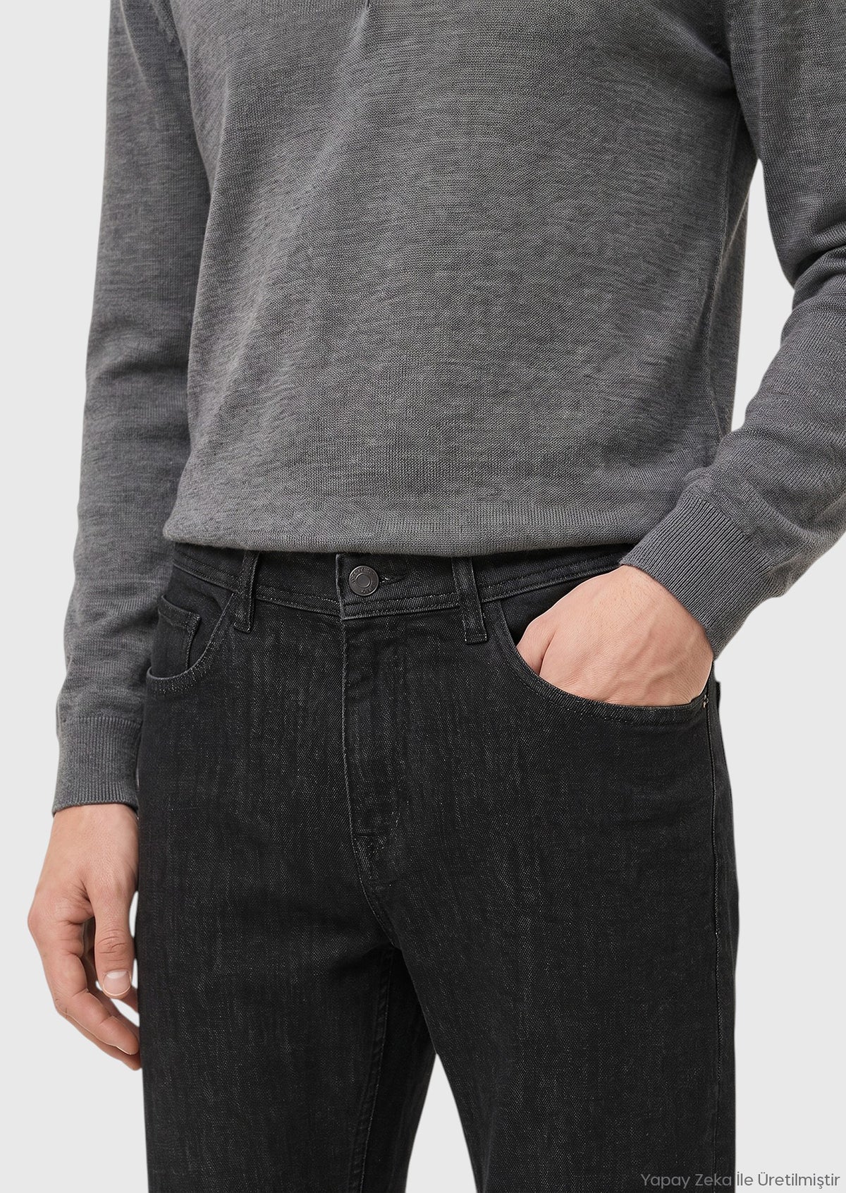 Siyah Düz Slim Fit Denim Pamuk Karışımlı Pantolon