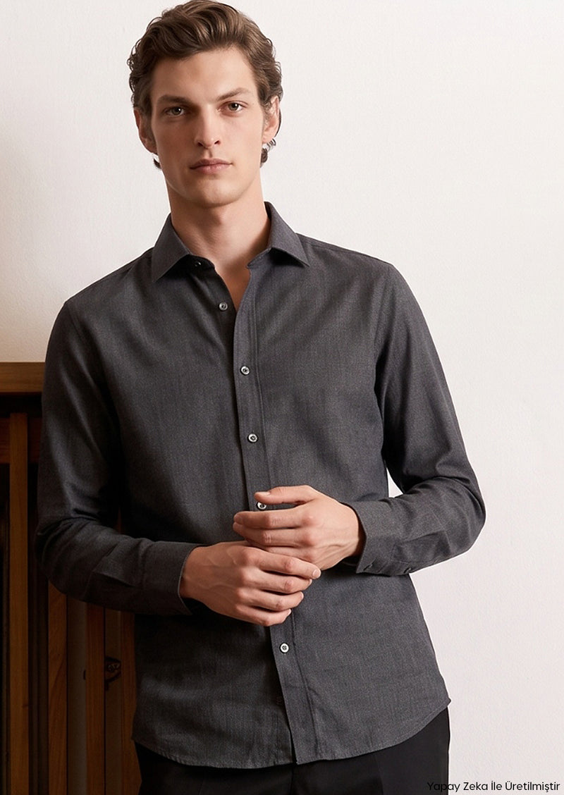 Antrasit Düz Casual Fit Uzun Kumaş Casual %100 Pamuk Gömlek