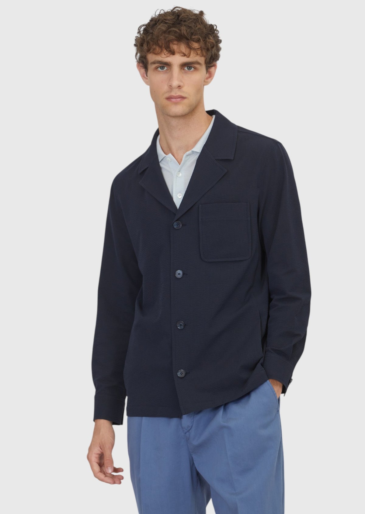Lacivert Çizgili Casual Fit Uzun Dokuma Overshirt