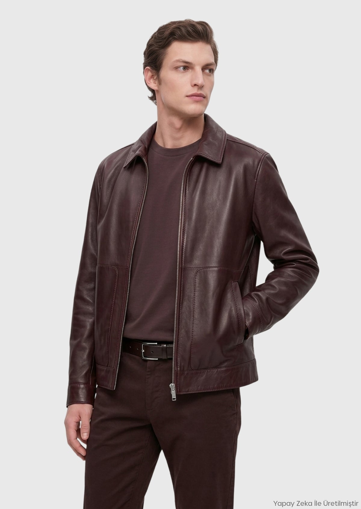 Bordo Düz Regular Fit Deri Ceket