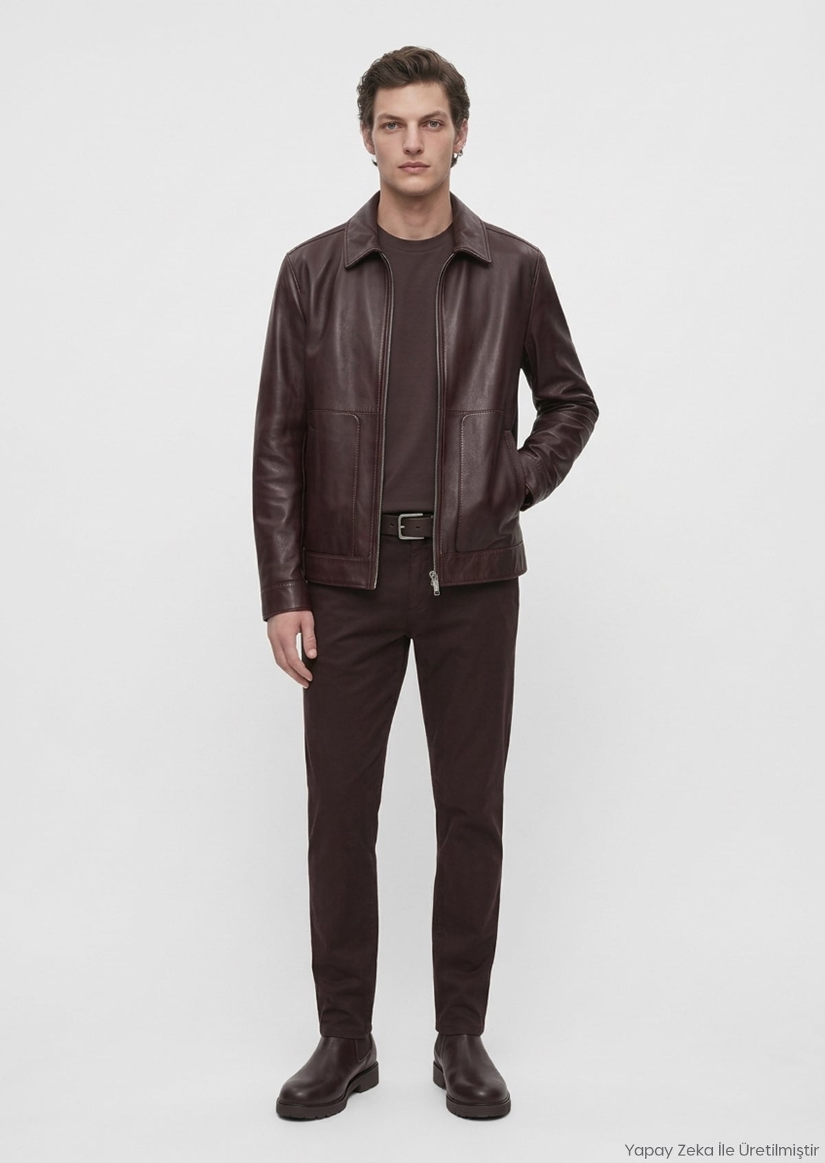Bordo Düz Regular Fit Deri Ceket