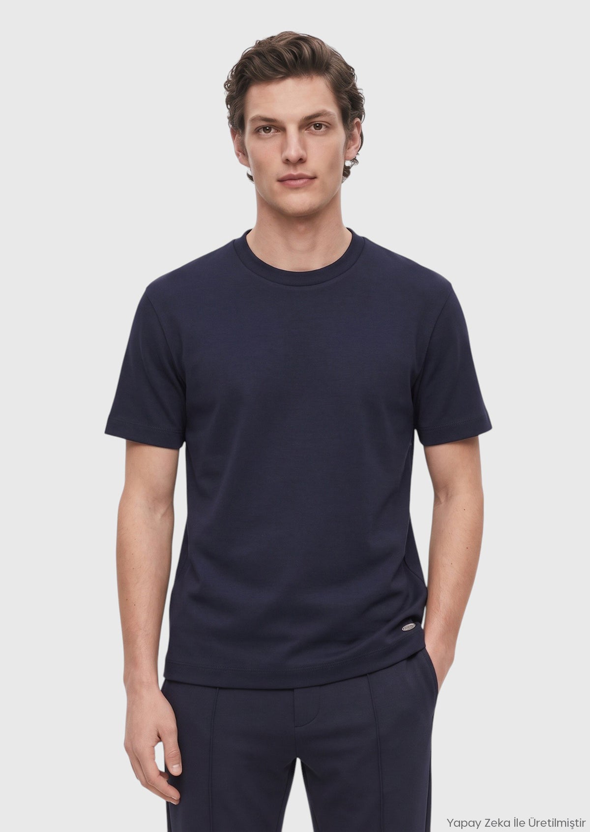 Lacivert Düz Bisiklet Yaka Yün Karışımlı T-Shirt