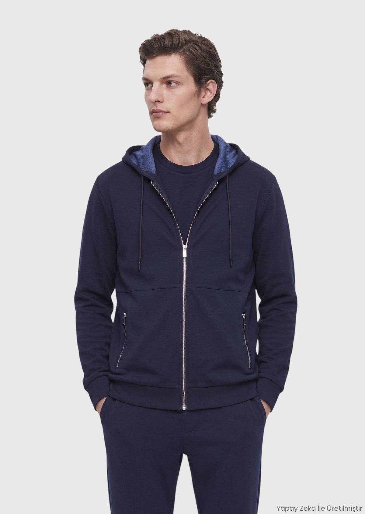 Lacivert Kapüşonlu Düz Sweatshirt