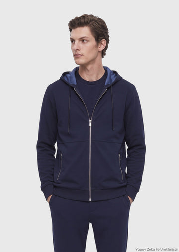 Navy Blue Hooded Plain Sweatshirt