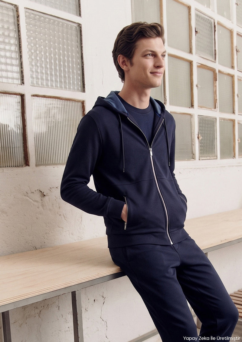 Lacivert Kapüşonlu Düz Sweatshirt