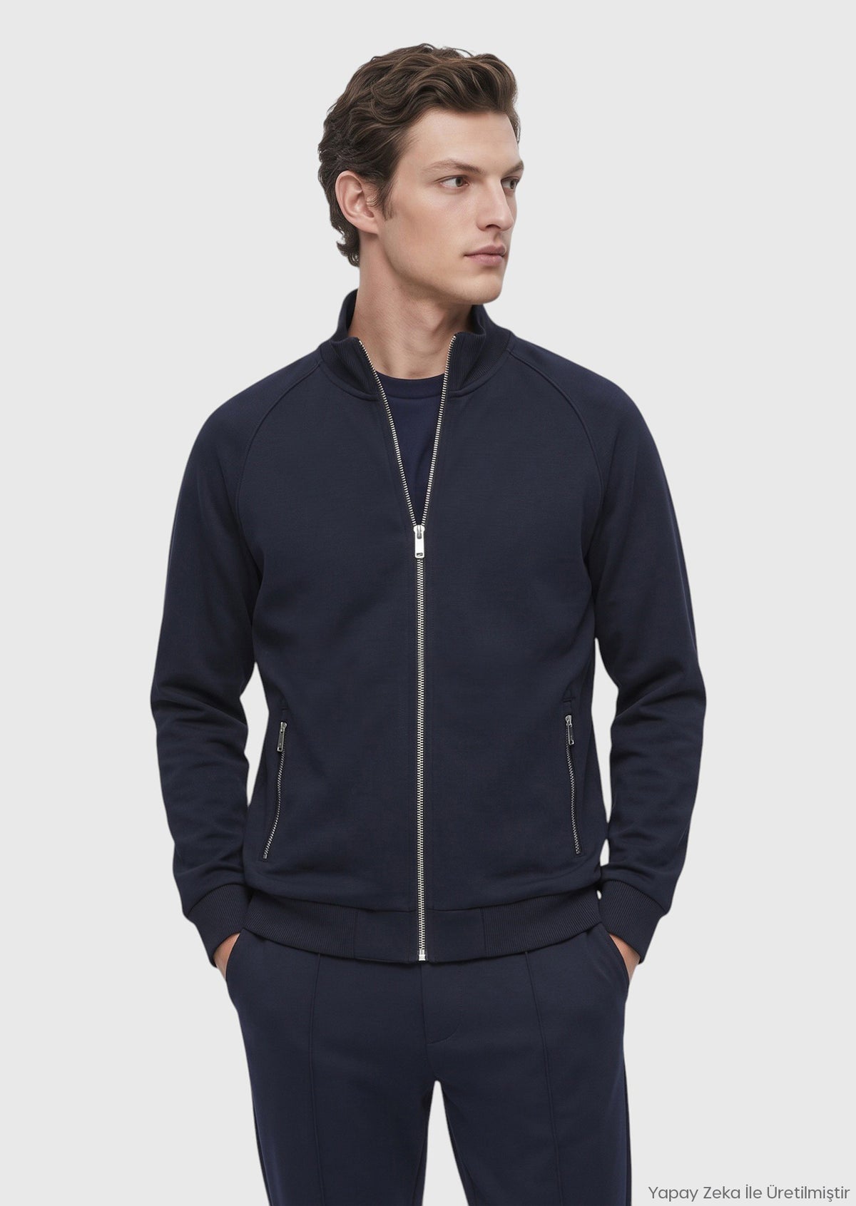 Lacivert Dik Yaka Düz Sweatshirt