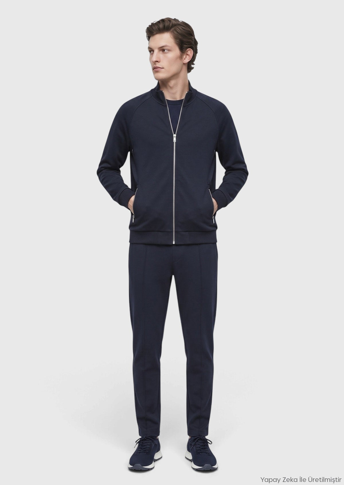 Lacivert Dik Yaka Düz Sweatshirt