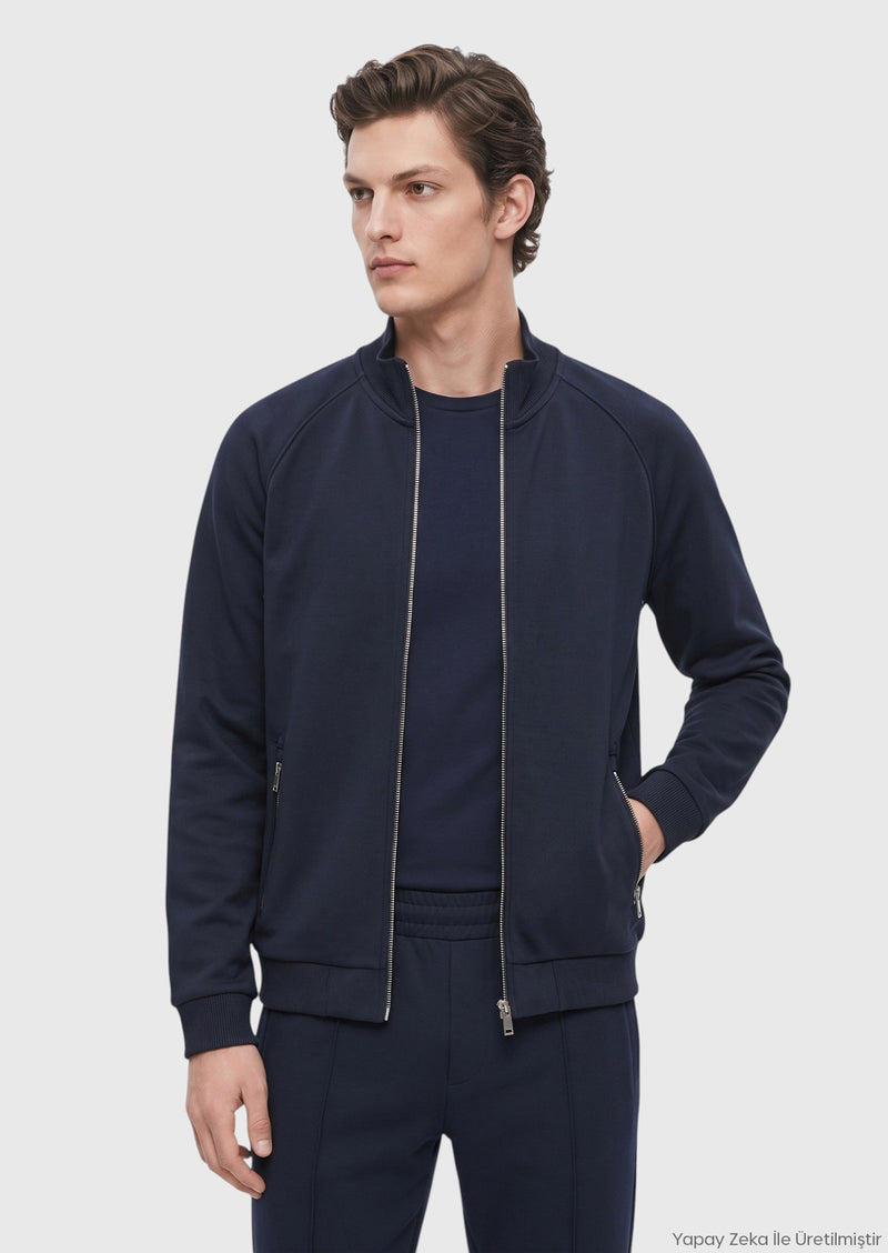 Lacivert Dik Yaka Düz Sweatshirt
