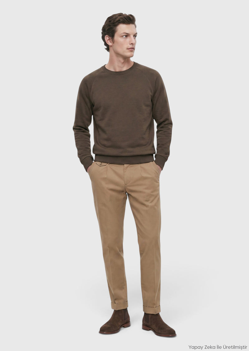 Haki Bisiklet Yaka Düz Sweatshirt