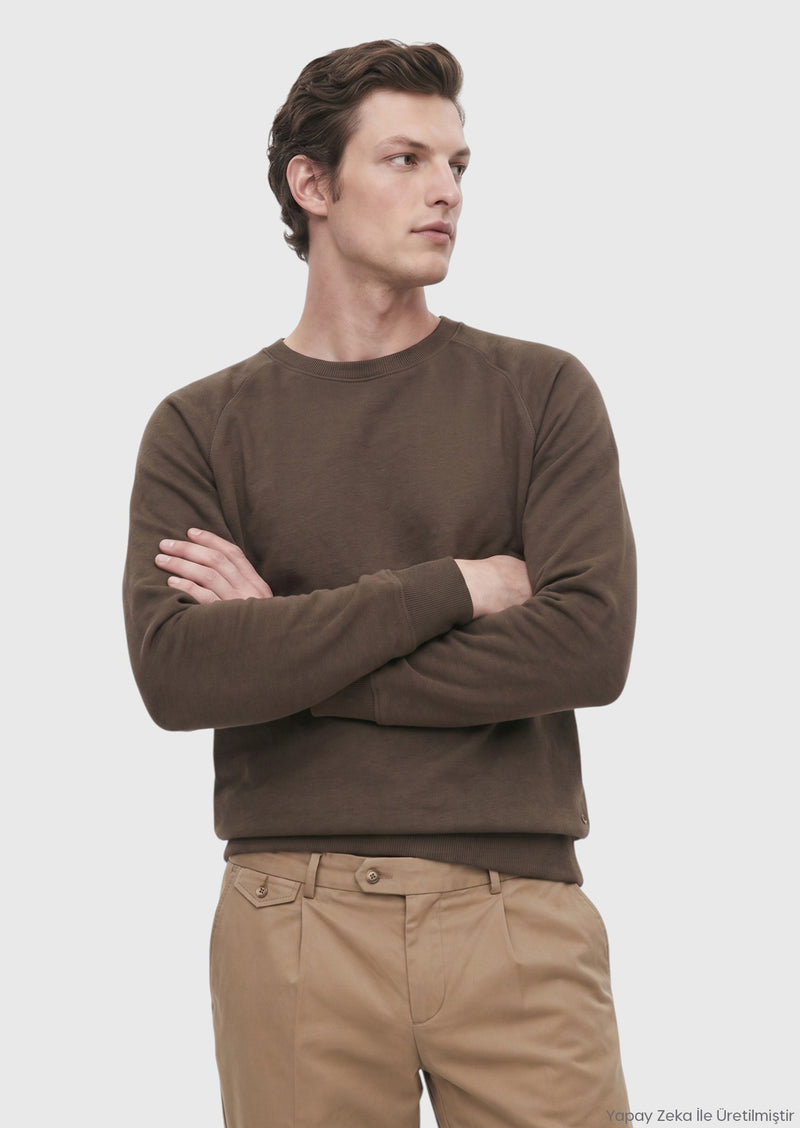 Haki Bisiklet Yaka Düz Sweatshirt