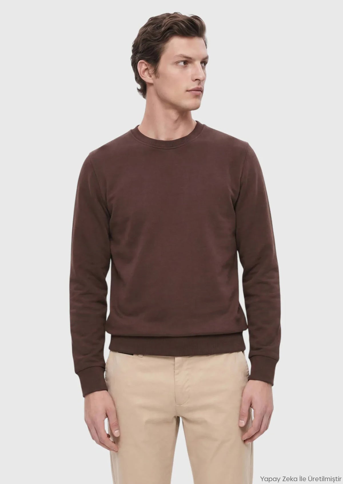 Kahverengi Bisiklet Yaka Düz Sweatshirt