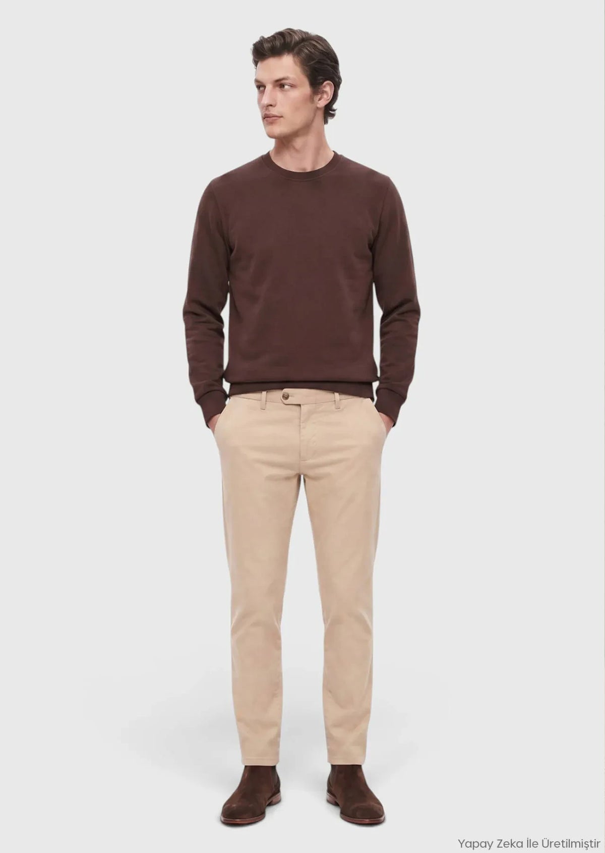 Kahverengi Bisiklet Yaka Düz Sweatshirt
