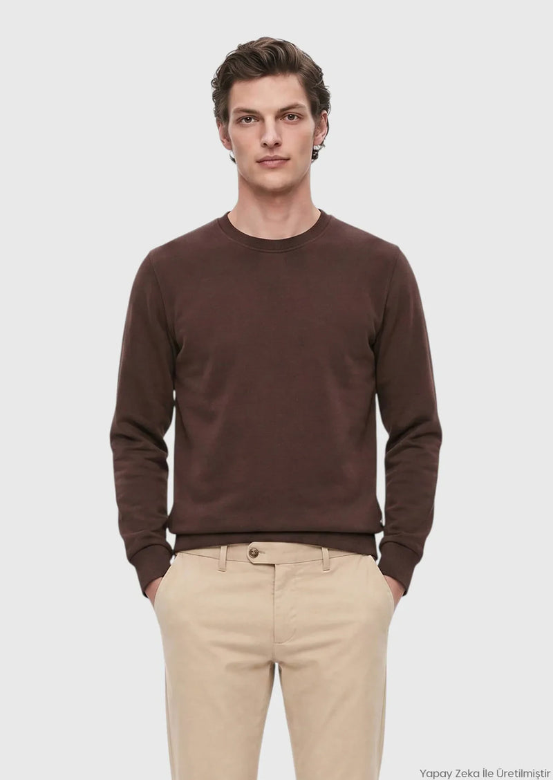 Kahverengi Bisiklet Yaka Düz Sweatshirt