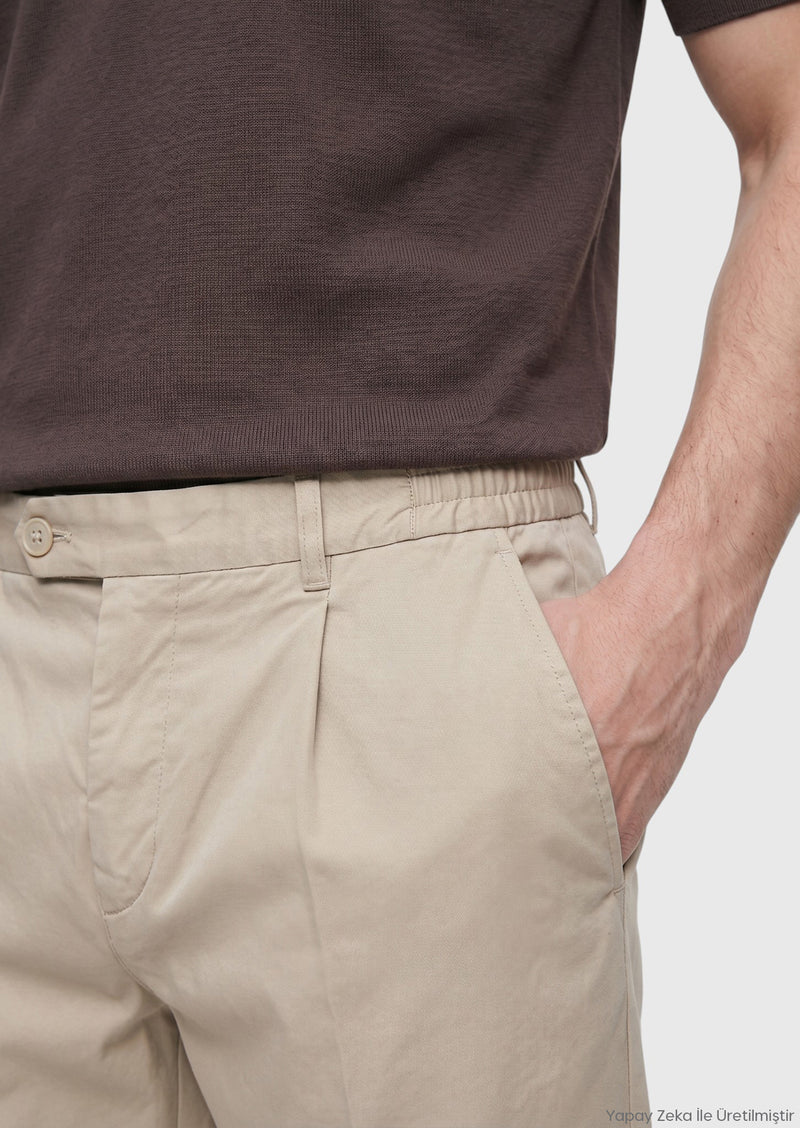 Bej Düz Dokuma Jogging Fit Casual İpek Karışımlı Pantolon