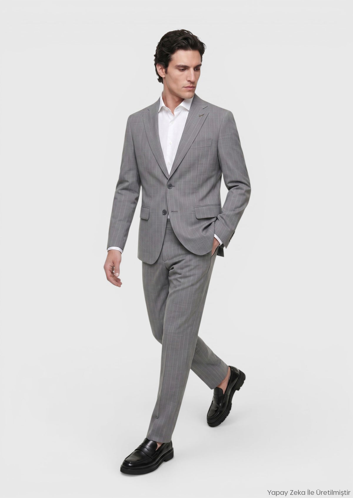 Gri Çizgili Zeroweight Slim Fit %100 Yün Takım Elbise