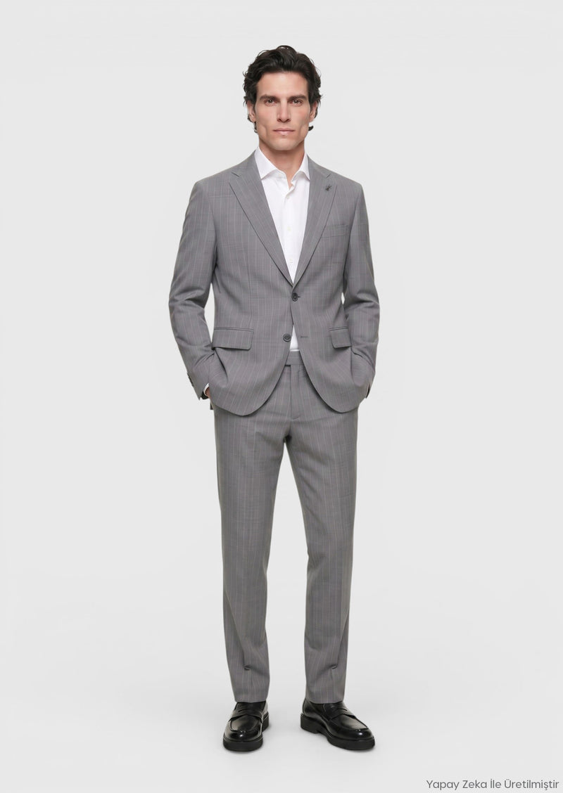 Gri Çizgili Zeroweight Slim Fit %100 Yün Takım Elbise