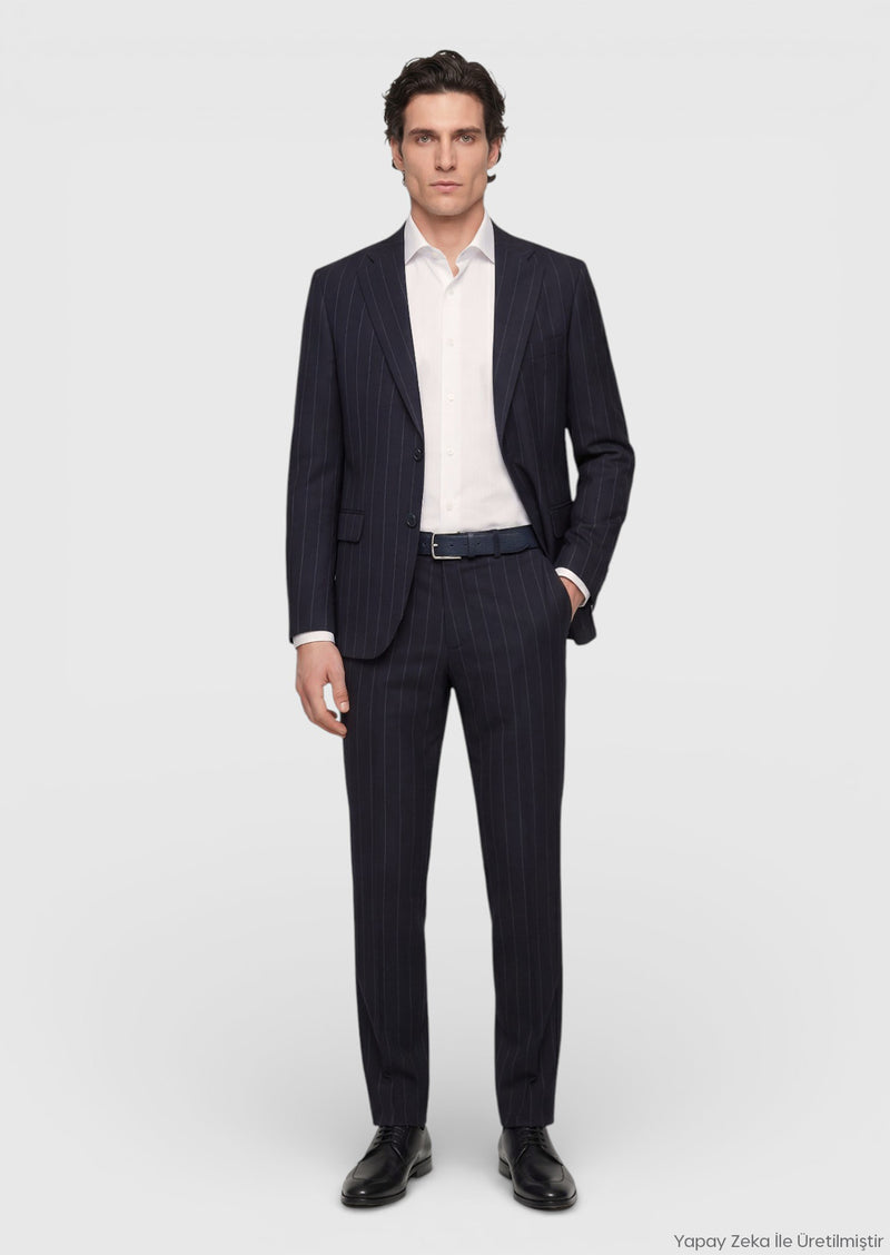 Siyah Çizgili Zeroweight Slim Fit %100 Yün Takım Elbise