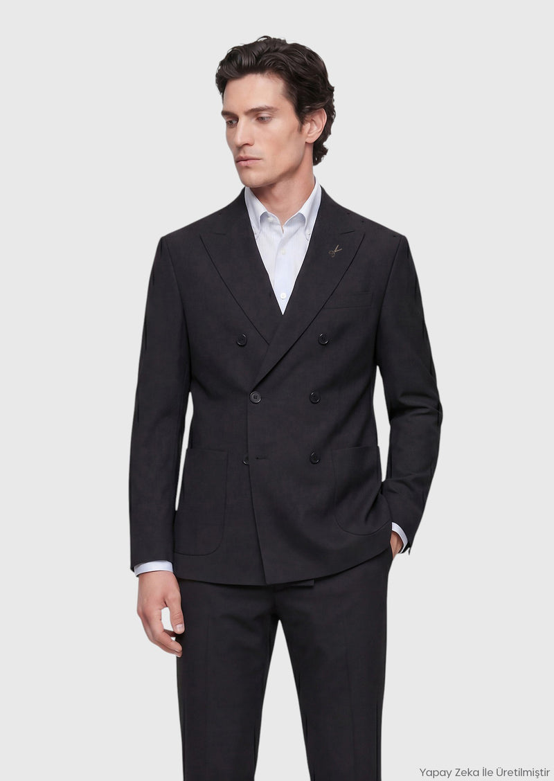 Siyah Düz Relaxed Fit %100 Yün Takım Elbise