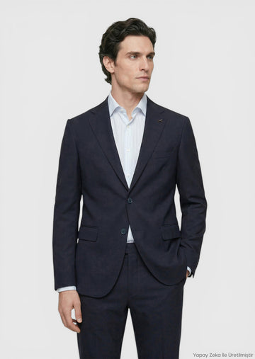 Koyu Lacivert Düz Zeroweight Slim Fit Yün Karışımlı Takım Elbise
