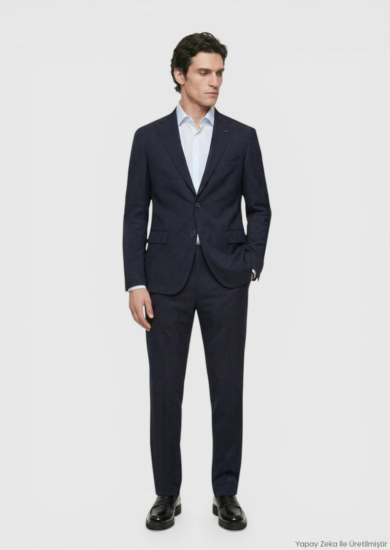 Koyu Lacivert Düz Zeroweight Slim Fit Yün Karışımlı Takım Elbise