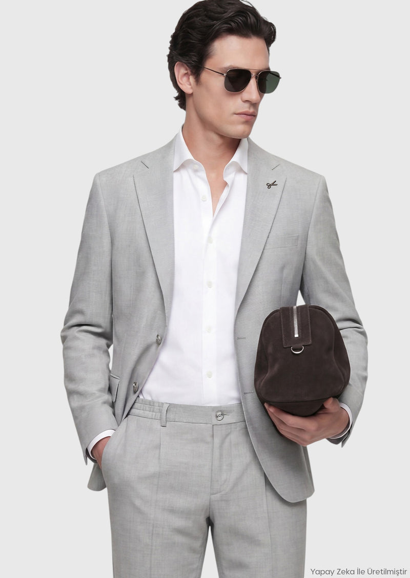 Açık Gri Çizgili Modern Fit Yün Karışımlı Takım Elbise