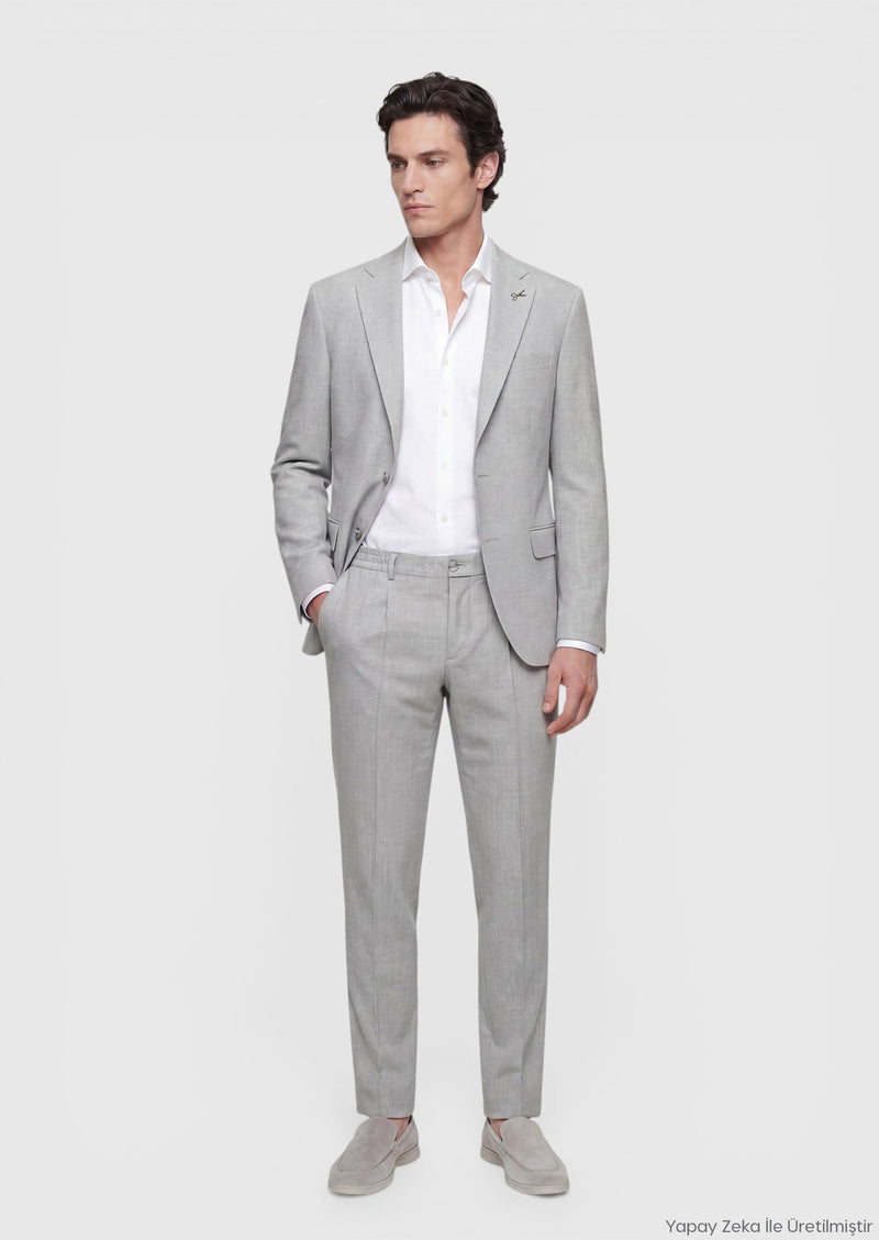 Açık Gri Çizgili Modern Fit Yün Karışımlı Takım Elbise