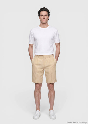 Açık Sarı Düz Dokuma Casual Fit Casual Keten Karışımlı Bermuda