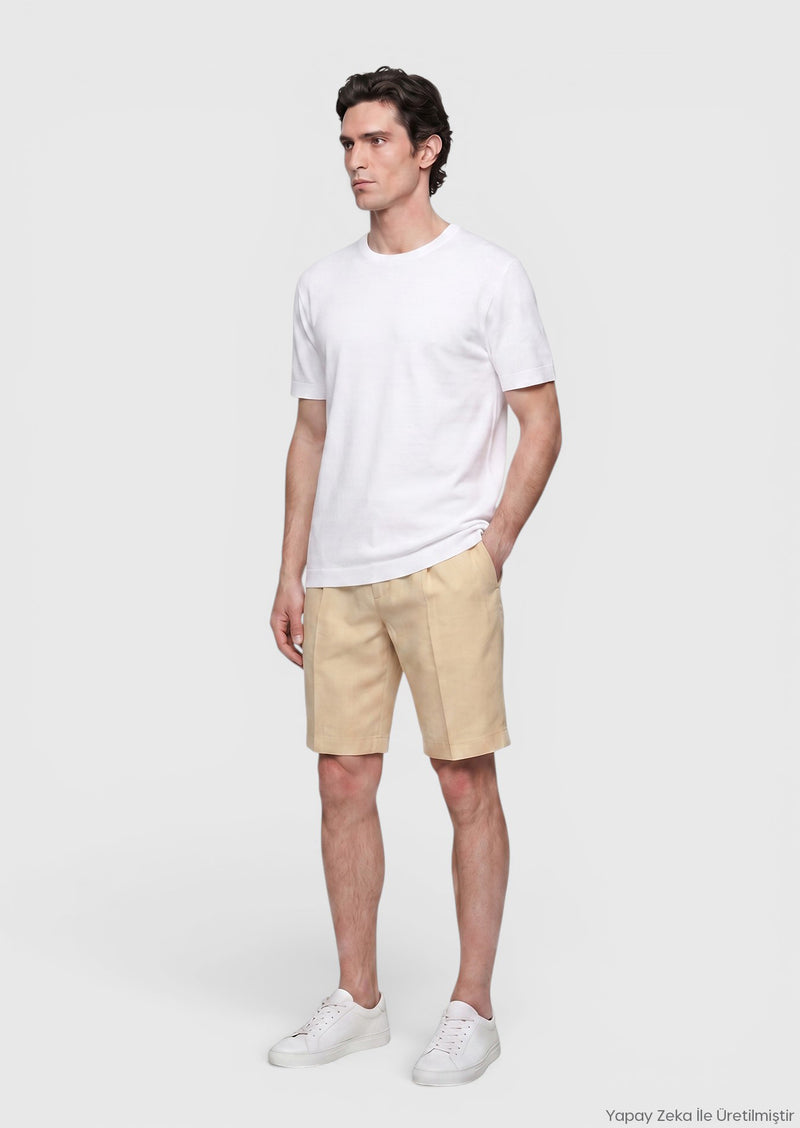 Açık Sarı Düz Dokuma Casual Fit Casual Keten Karışımlı Bermuda
