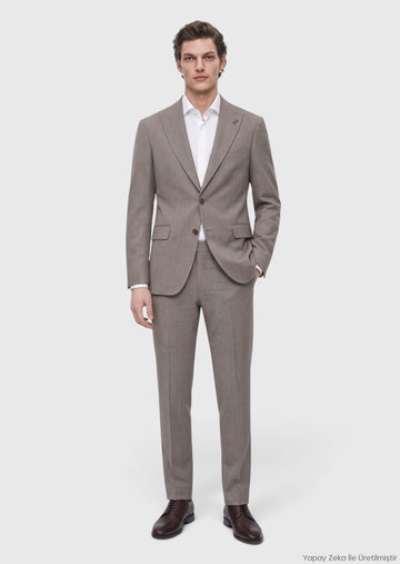Vizon Desenli Zeroweight Slim Fit Yün Karışımlı Takım Elbise